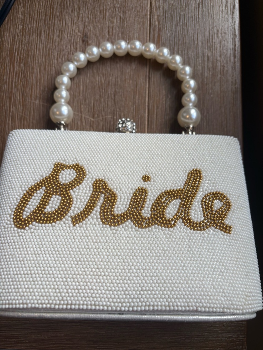 Bride Pearl Handle Clutch Bag in White with Gold Script